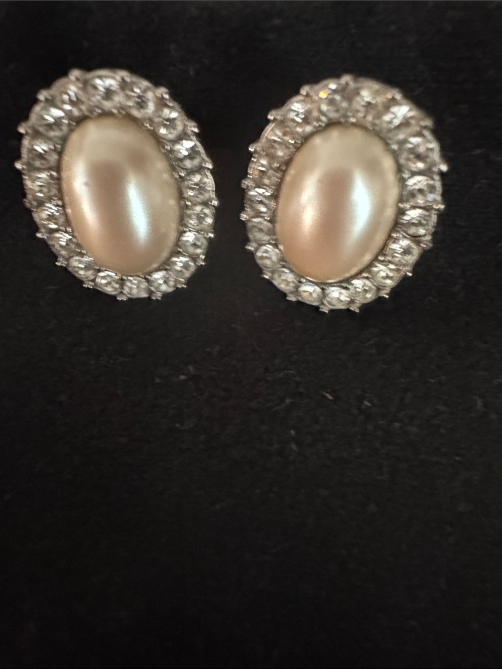 Vintage Monet Oval Faux Pearl Rhinestone Halo Post Earrings Silver Tone